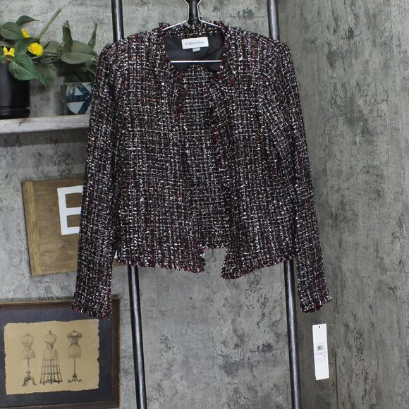 NWT Calvin Klein Open Front Tweed Blazer Jacket S47JW609 Black Red Multi 6 - Picture 3 of 8
